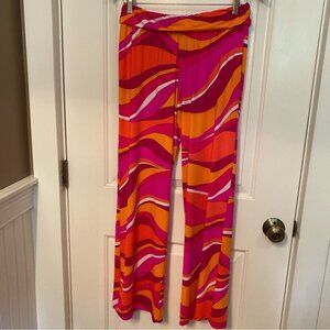 TRINA TURK SWIM COVER UP PANTS PALAZZO WIDE LEG PINK WHITE ORANGE STRETCH Sz S